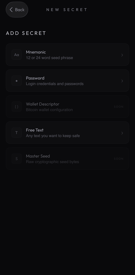 HushChip app add secret screen showing secret type options