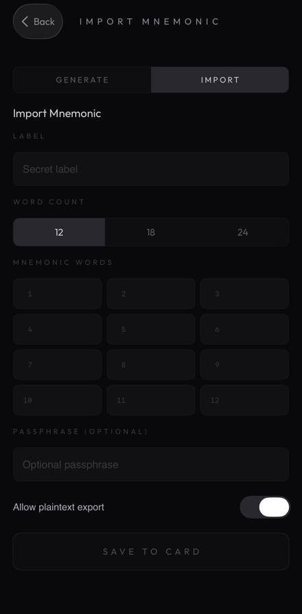 HushChip app import mnemonic with word grid